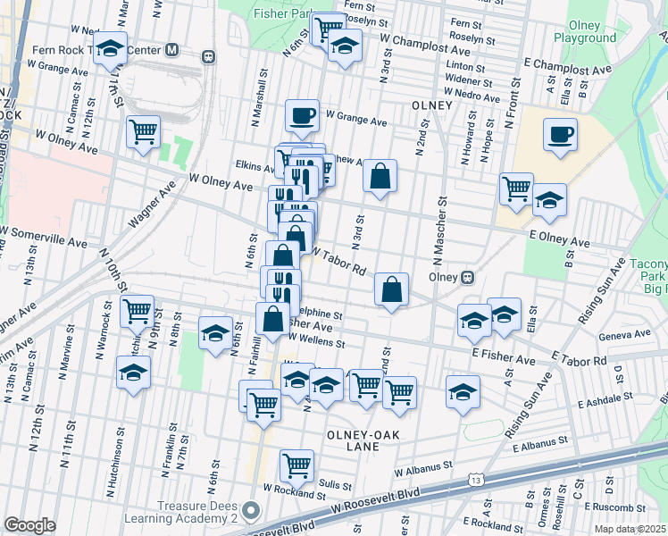 map of restaurants, bars, coffee shops, grocery stores, and more near 5411 North 4th Street in Philadelphia