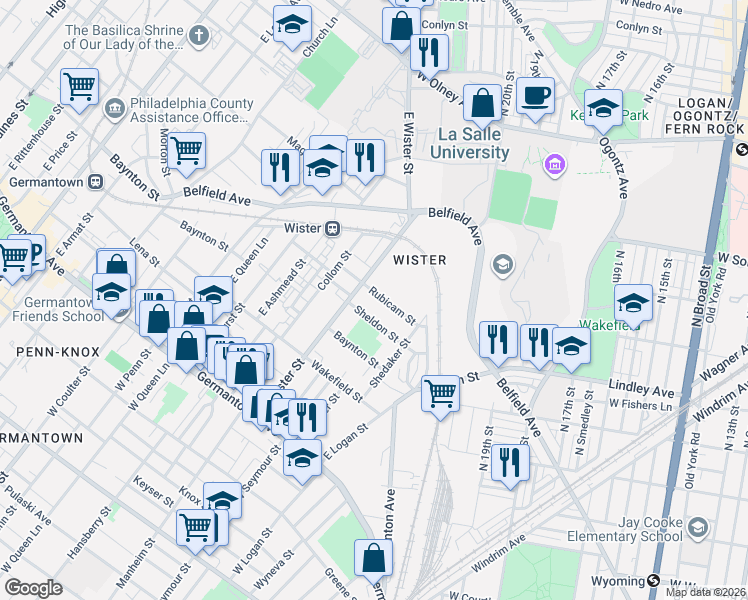 map of restaurants, bars, coffee shops, grocery stores, and more near 4999 Sheldon Street in Philadelphia