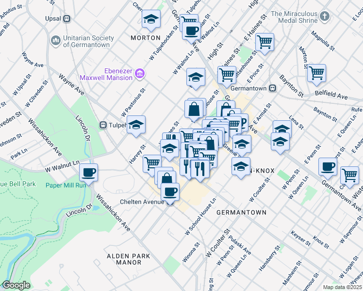 map of restaurants, bars, coffee shops, grocery stores, and more near 5820 Knox Street in Philadelphia