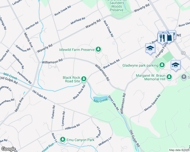 map of restaurants, bars, coffee shops, grocery stores, and more near 719 Black Rock Road in Gladwyne