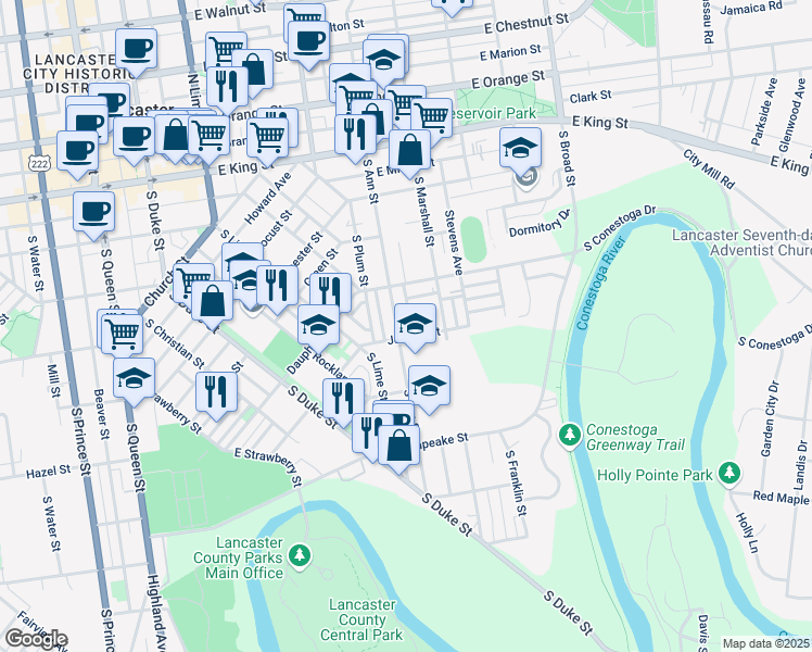 map of restaurants, bars, coffee shops, grocery stores, and more near 523 Juniata Street in Lancaster