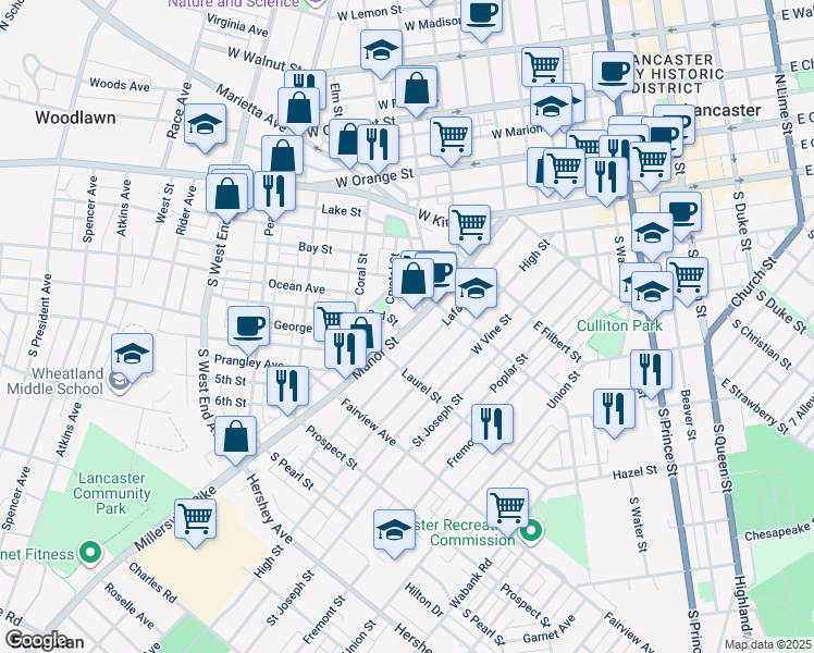 map of restaurants, bars, coffee shops, grocery stores, and more near 655 Manor Street in Lancaster