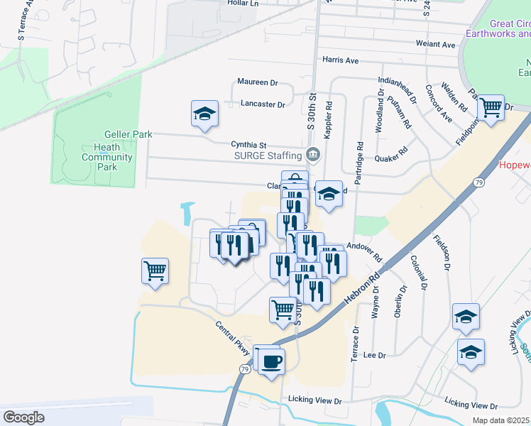 map of restaurants, bars, coffee shops, grocery stores, and more near 717 South 30th Street in Heath