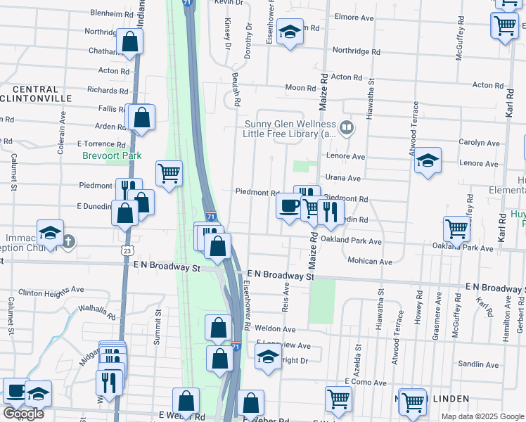 map of restaurants, bars, coffee shops, grocery stores, and more near 3352 Kimberly Avenue in Columbus
