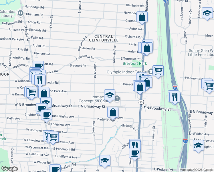 map of restaurants, bars, coffee shops, grocery stores, and more near 386 Oakland Park Avenue in Columbus