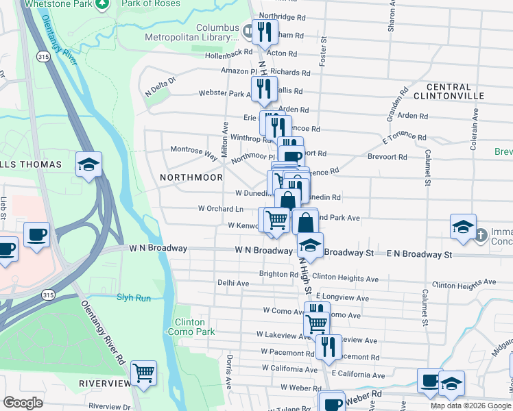 map of restaurants, bars, coffee shops, grocery stores, and more near 89 Orchard Lane in Columbus