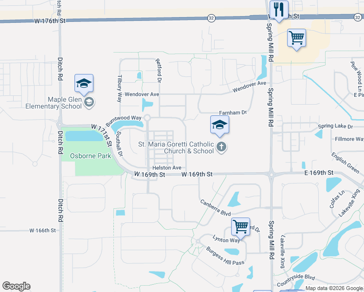 map of restaurants, bars, coffee shops, grocery stores, and more near 17003 Stroud Lane in Westfield