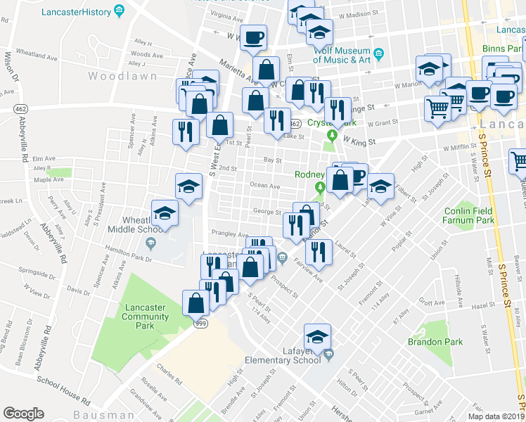 map of restaurants, bars, coffee shops, grocery stores, and more near 715 George Street in Lancaster