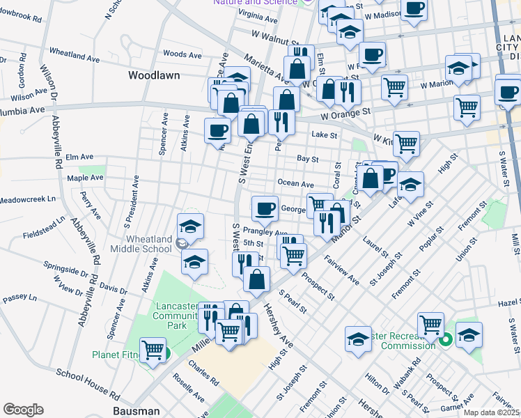 map of restaurants, bars, coffee shops, grocery stores, and more near 825 4th Street in Lancaster