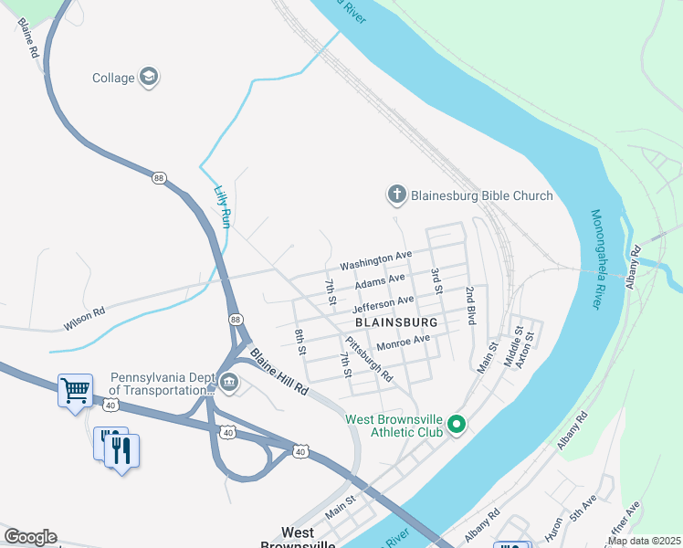 map of restaurants, bars, coffee shops, grocery stores, and more near 608 Adams Avenue in Brownsville