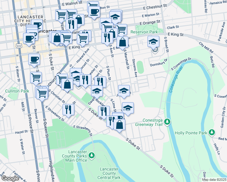 map of restaurants, bars, coffee shops, grocery stores, and more near 739 South Plum Street in Lancaster