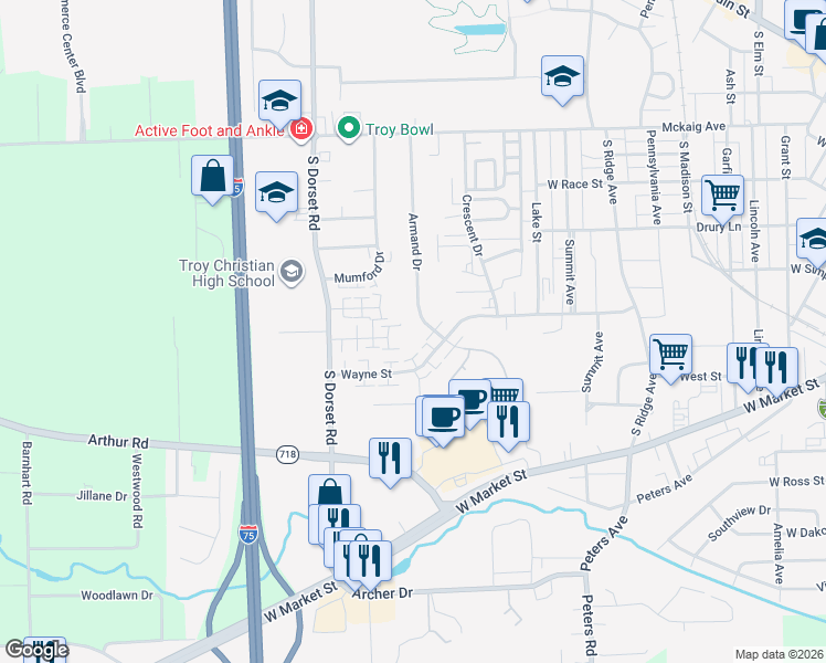 map of restaurants, bars, coffee shops, grocery stores, and more near 1510 Hawk Circle in Troy