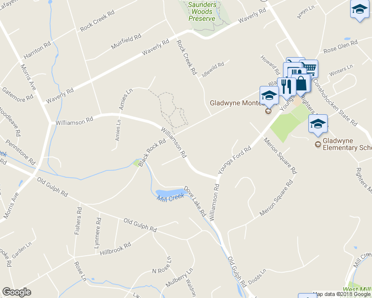 map of restaurants, bars, coffee shops, grocery stores, and more near 505 Williamson Road in Gladwyne