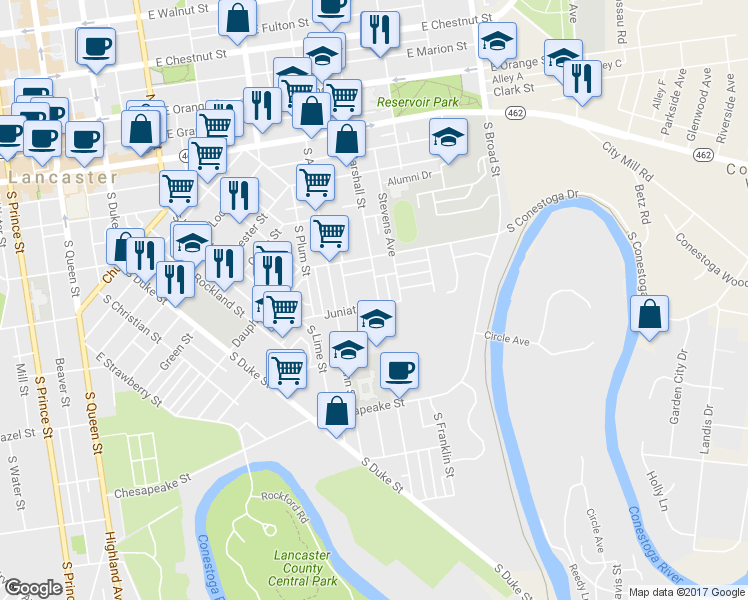 map of restaurants, bars, coffee shops, grocery stores, and more near 559 Juniata Street in Lancaster