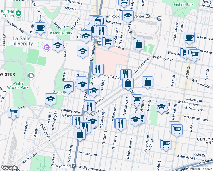 map of restaurants, bars, coffee shops, grocery stores, and more near 5312 North Camac Street in Philadelphia