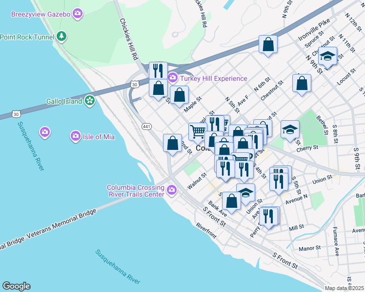 map of restaurants, bars, coffee shops, grocery stores, and more near 250 North 2nd Street in Columbia