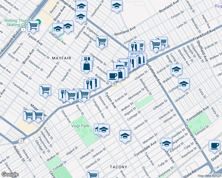 map of restaurants, bars, coffee shops, grocery stores, and more near in Philadelphia
