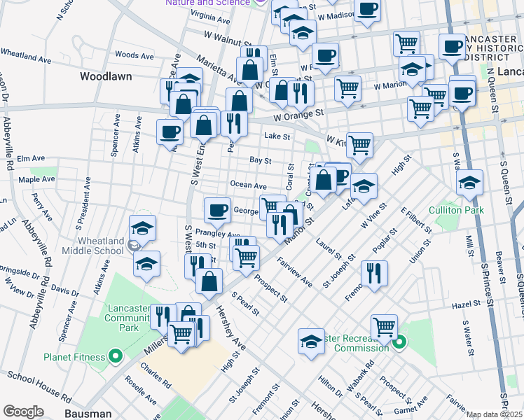 map of restaurants, bars, coffee shops, grocery stores, and more near 651 George Street in Lancaster