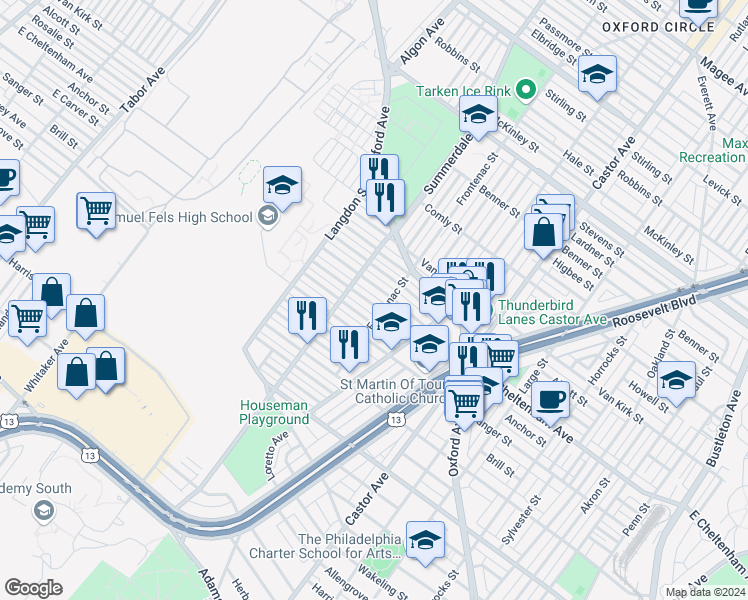 map of restaurants, bars, coffee shops, grocery stores, and more near 929 1/2 Anchor Street in Philadelphia