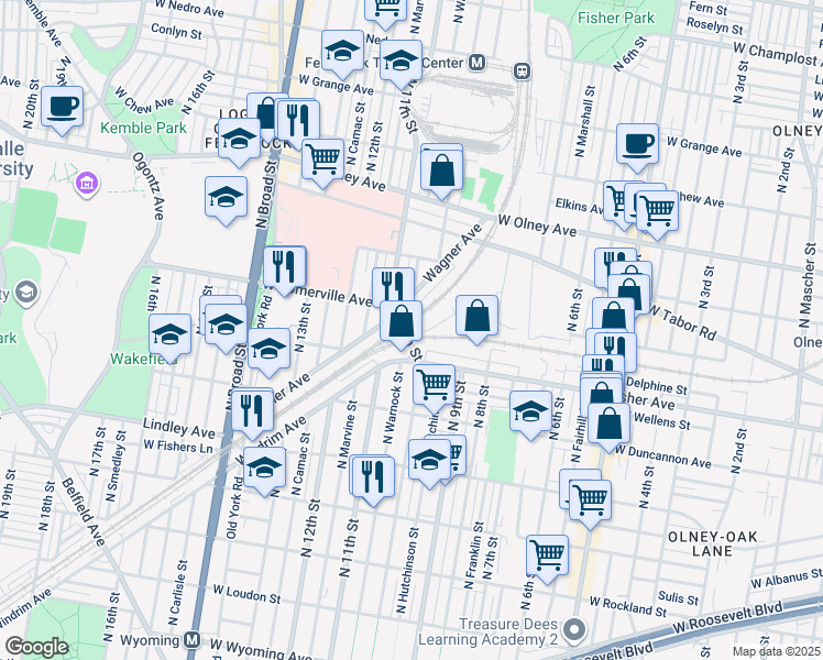 map of restaurants, bars, coffee shops, grocery stores, and more near 5331 North 10th Street in Philadelphia