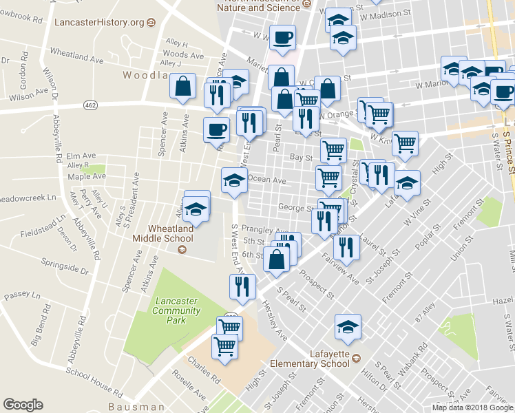 map of restaurants, bars, coffee shops, grocery stores, and more near 824 George Street in Lancaster