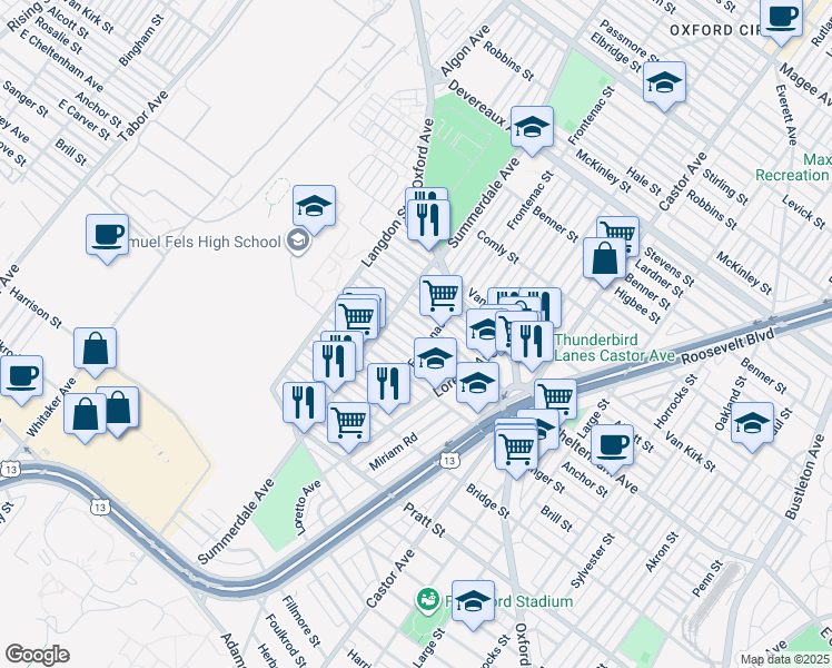 map of restaurants, bars, coffee shops, grocery stores, and more near 929 1/2 Anchor Street in Philadelphia