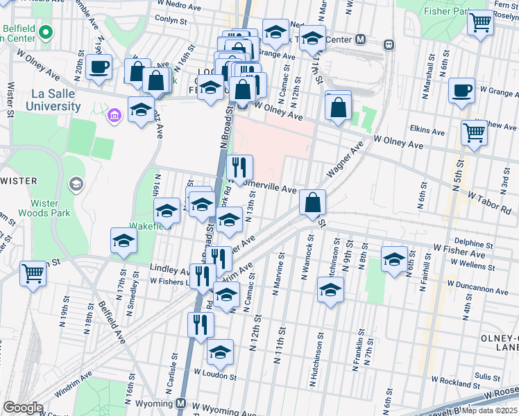 map of restaurants, bars, coffee shops, grocery stores, and more near 5312 North Camac Street in Philadelphia