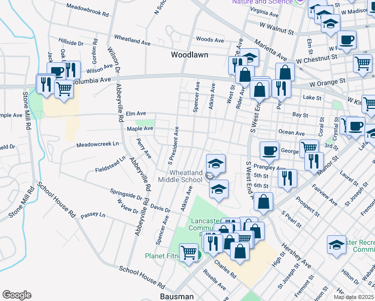 map of restaurants, bars, coffee shops, grocery stores, and more near 1110 Spring Grove Avenue in Lancaster