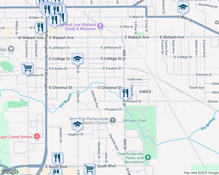 map of restaurants, bars, coffee shops, grocery stores, and more near 709 East Chestnut Street in Crawfordsville
