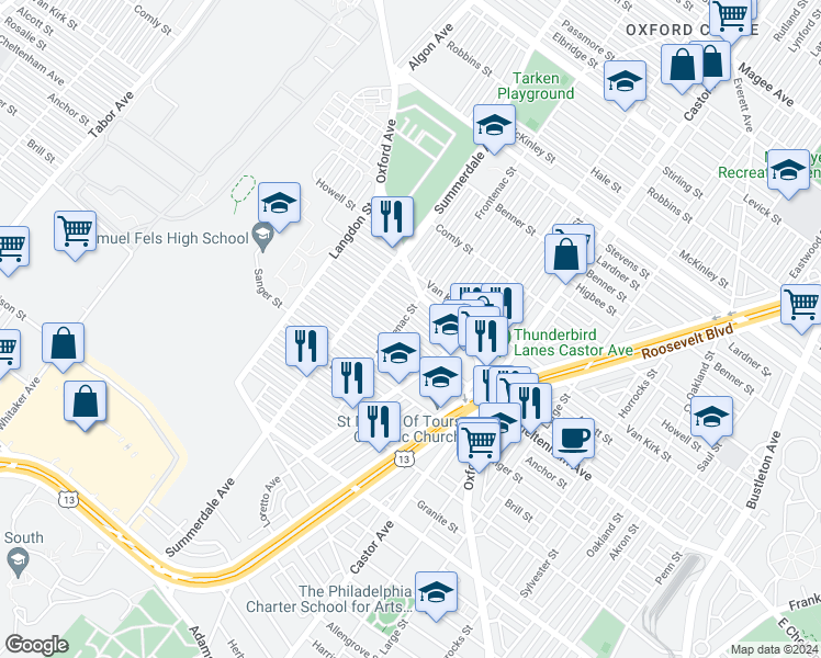 map of restaurants, bars, coffee shops, grocery stores, and more near 1211 East Cheltenham Avenue in Philadelphia