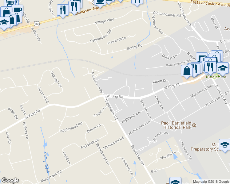 map of restaurants, bars, coffee shops, grocery stores, and more near 218 Charleston Green in Malvern