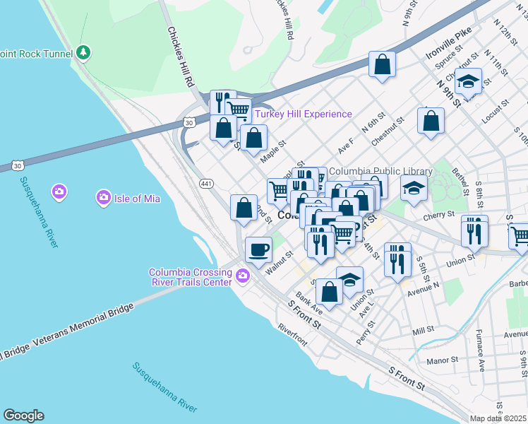 map of restaurants, bars, coffee shops, grocery stores, and more near 241 North 2nd Street in Columbia