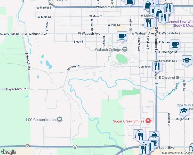 map of restaurants, bars, coffee shops, grocery stores, and more near 688 Sugar Tree Road in Crawfordsville
