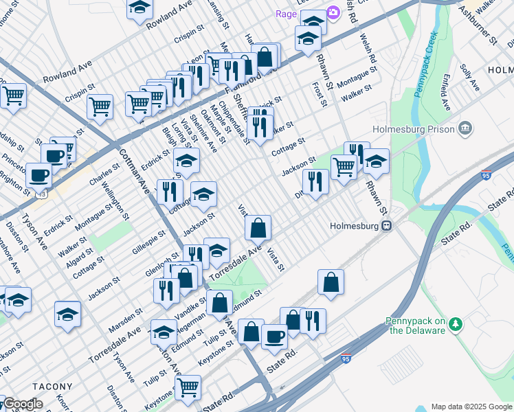 map of restaurants, bars, coffee shops, grocery stores, and more near 4533 Shelmire Avenue in Philadelphia
