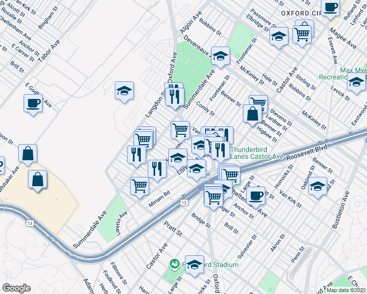 map of restaurants, bars, coffee shops, grocery stores, and more near 1211 East Cheltenham Avenue in Philadelphia