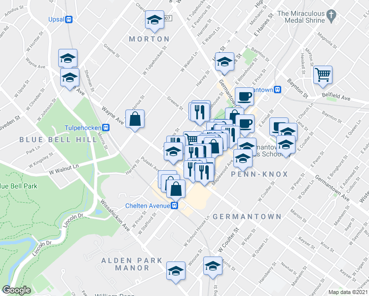 map of restaurants, bars, coffee shops, grocery stores, and more near 5824 Knox Street in Philadelphia