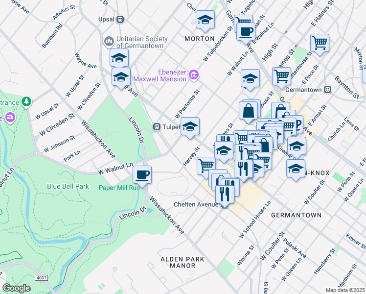 map of restaurants, bars, coffee shops, grocery stores, and more near 6024 Wayne Avenue in Philadelphia