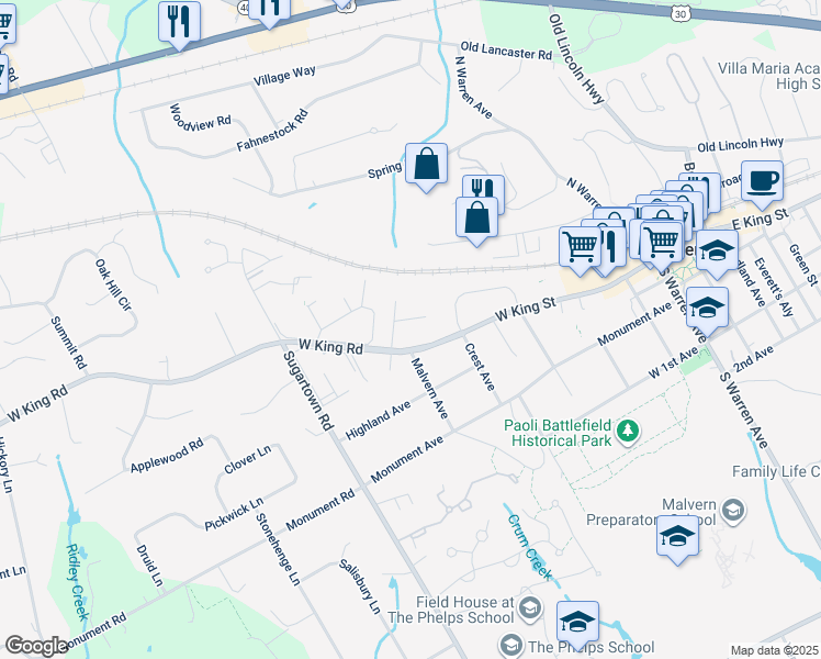 map of restaurants, bars, coffee shops, grocery stores, and more near 202 Jennings Lane in Malvern