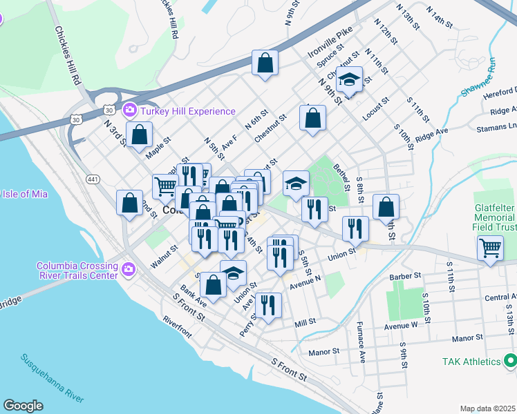map of restaurants, bars, coffee shops, grocery stores, and more near 475 Locust Street in Columbia
