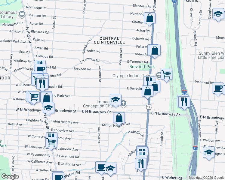 map of restaurants, bars, coffee shops, grocery stores, and more near 386 Oakland Park Avenue in Columbus