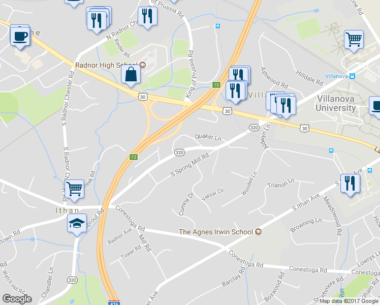 map of restaurants, bars, coffee shops, grocery stores, and more near 101 Sproul Road in Villanova