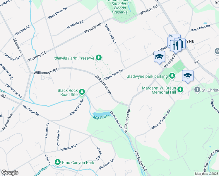 map of restaurants, bars, coffee shops, grocery stores, and more near 505 Williamson Road in Gladwyne