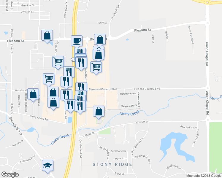 map of restaurants, bars, coffee shops, grocery stores, and more near 10111 Town and Country Boulevard in Noblesville