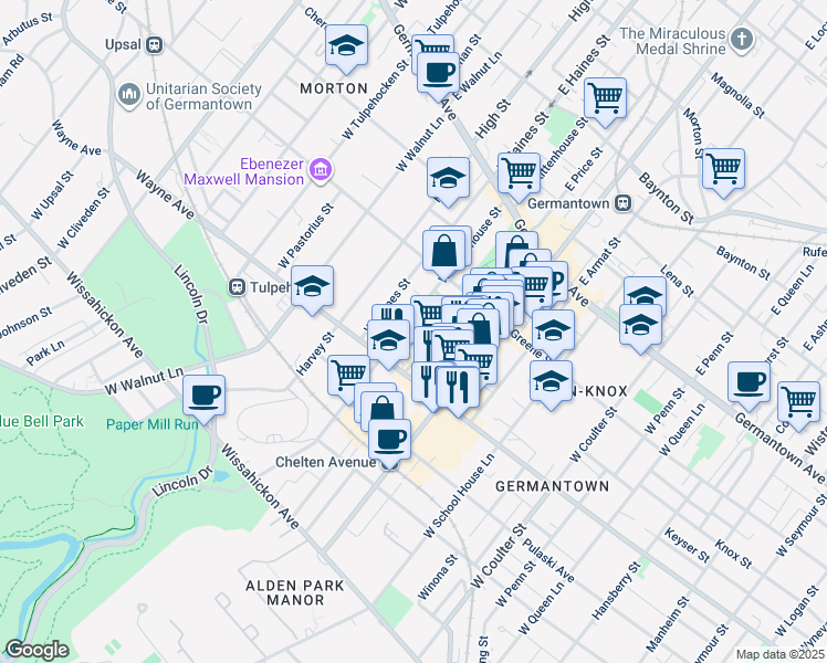 map of restaurants, bars, coffee shops, grocery stores, and more near 5824 Knox Street in Philadelphia