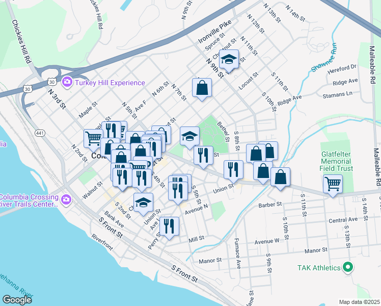 map of restaurants, bars, coffee shops, grocery stores, and more near 50 South 6th Street in Columbia