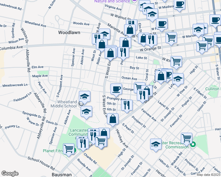 map of restaurants, bars, coffee shops, grocery stores, and more near 840 George Street in Lancaster