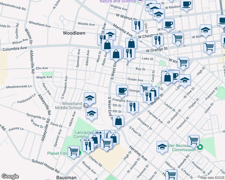 map of restaurants, bars, coffee shops, grocery stores, and more near 329 South West End Avenue in Lancaster