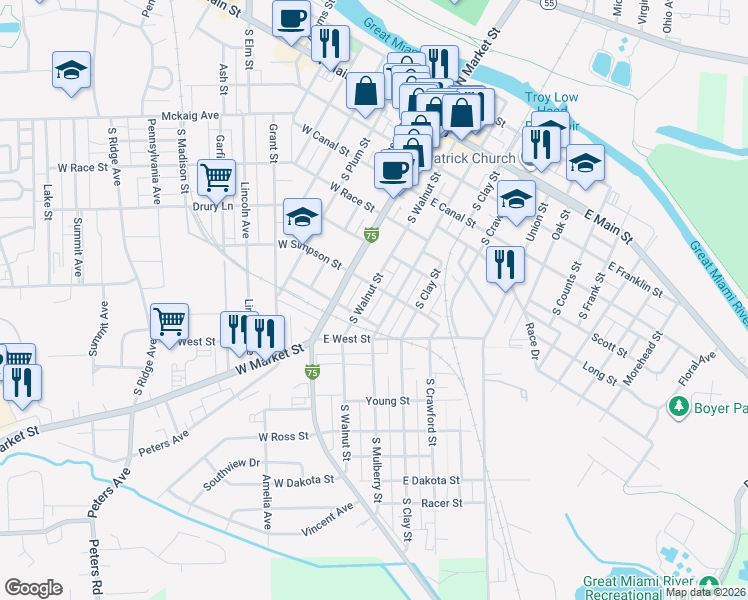 map of restaurants, bars, coffee shops, grocery stores, and more near 518 South Mulberry Street in Troy