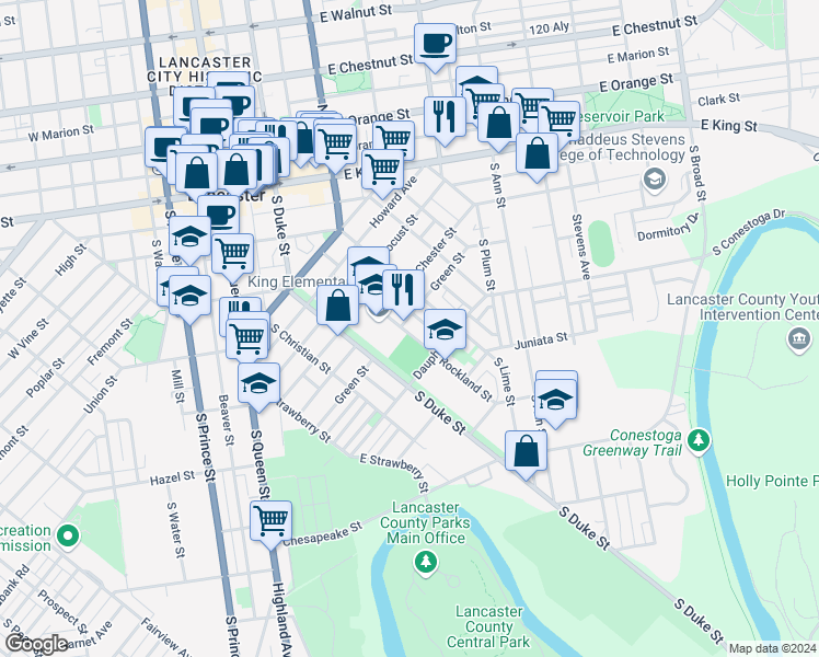 map of restaurants, bars, coffee shops, grocery stores, and more near 535 Rockland Street in Lancaster