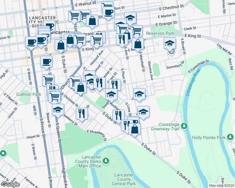 map of restaurants, bars, coffee shops, grocery stores, and more near 605 South Lime Street in Lancaster